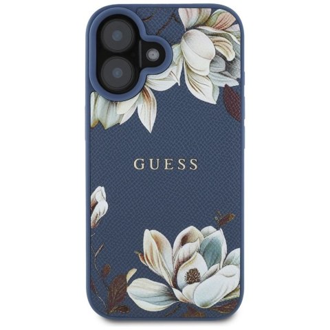 GUESS futerał do IPHONE 16 kompatybilny z MagSafe GUHMP16SPGNMPLMB (PU Grained Flowers Classic Logo) niebieski