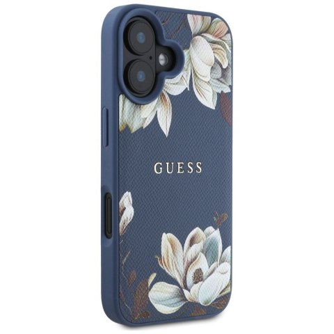 GUESS futerał do IPHONE 16 kompatybilny z MagSafe GUHMP16SPGNMPLMB (PU Grained Flowers Classic Logo) niebieski