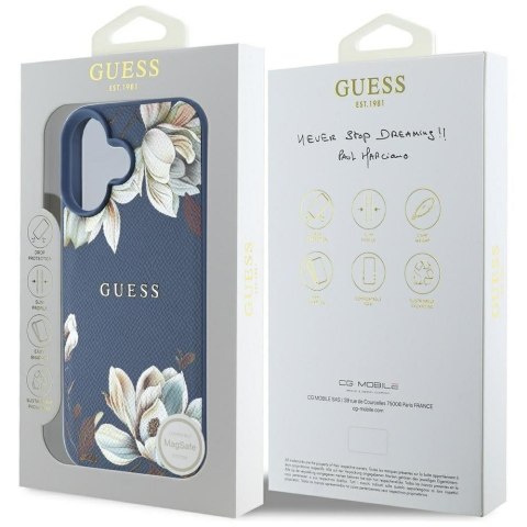 GUESS futerał do IPHONE 16 kompatybilny z MagSafe GUHMP16SPGNMPLMB (PU Grained Flowers Classic Logo) niebieski