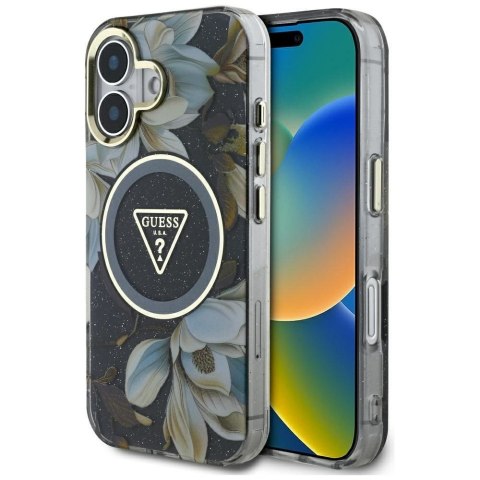 GUESS futerał do IPHONE 16 kompatybyliny z MagSafe GUHMP16SHFLPEDK (IML Metal Glitter Flowers Triangle) czarny
