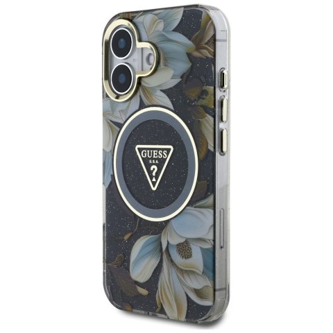 GUESS futerał do IPHONE 16 kompatybyliny z MagSafe GUHMP16SHFLPEDK (IML Metal Glitter Flowers Triangle) czarny