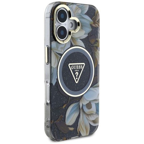 GUESS futerał do IPHONE 16 kompatybyliny z MagSafe GUHMP16SHFLPEDK (IML Metal Glitter Flowers Triangle) czarny