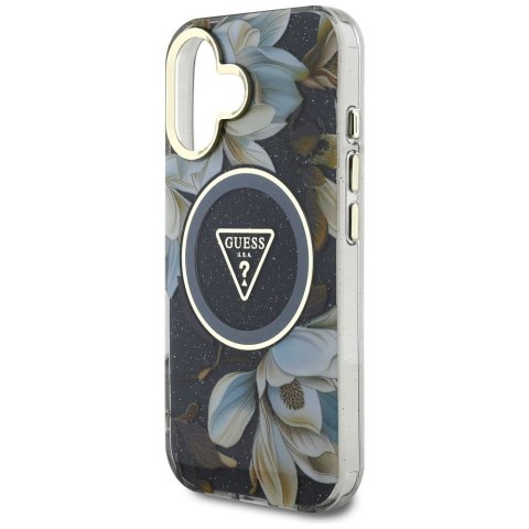 GUESS futerał do IPHONE 16 kompatybyliny z MagSafe GUHMP16SHFLPEDK (IML Metal Glitter Flowers Triangle) czarny