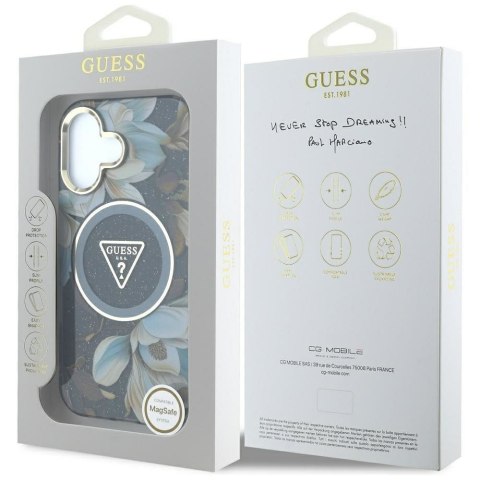GUESS futerał do IPHONE 16 kompatybyliny z MagSafe GUHMP16SHFLPEDK (IML Metal Glitter Flowers Triangle) czarny