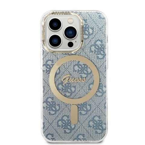 GUESS zestaw do IPHONE 14 Pro kompatybilny z MagSafe GUBPP14LH4EACSB (Bundle Pack / Case + Charger / 4G) złoty niebieski