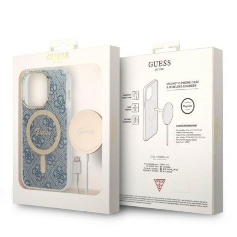 GUESS zestaw do IPHONE 14 Pro kompatybilny z MagSafe GUBPP14LH4EACSB (Bundle Pack / Case + Charger / 4G) złoty niebieski