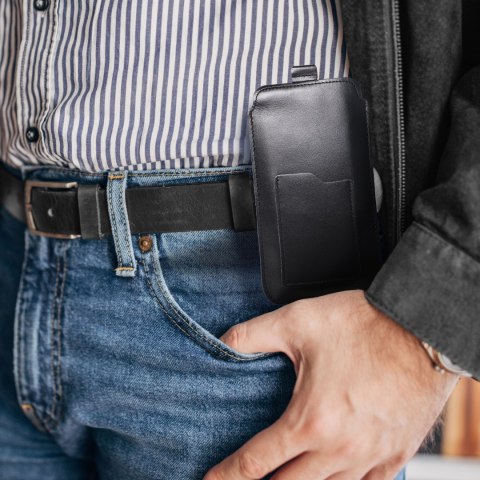 Skórzany futerał uniwersalny / wsuwka z pull-up - ROYAL / czarny - Rozmiar 2XL+wide - SAMSUNG A12 / NOTE 9 / XIAOMI REDMI NOTE 1
