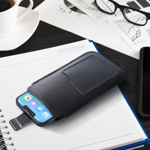 Skórzany futerał uniwersalny / wsuwka z pull-up - ROYAL / czarny - Rozmiar 2XL+wide - SAMSUNG A12 / NOTE 9 / XIAOMI REDMI NOTE 1