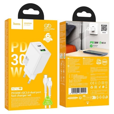 Ładowarka sieciowa do telefonu Hoco USB A + USB C QC3.0 PS AFC 3A 30W + kabel USB C do USB C N71 biała