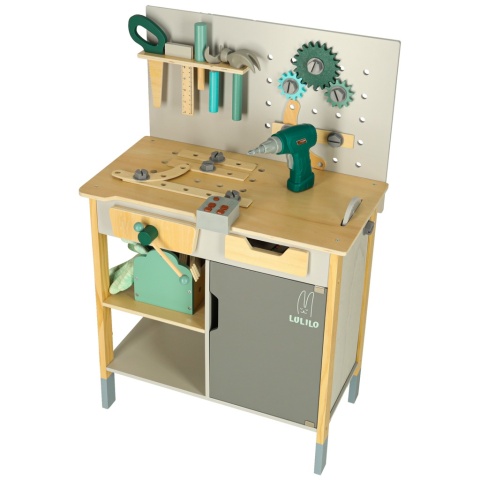 Duży drewniany warsztat z narzędziami XXL zestaw majsterkowicza 84 elementy