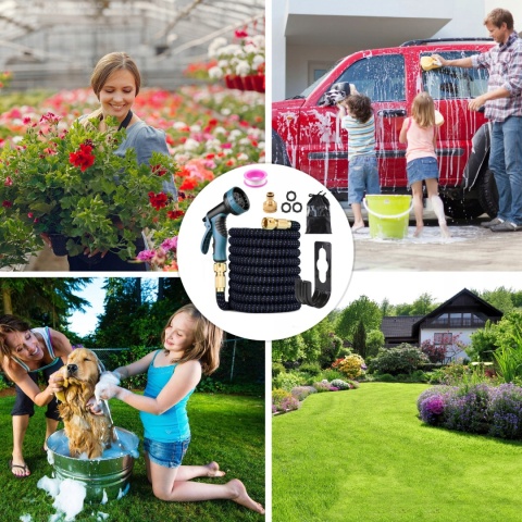 ELASTYCZNY OGRODOWY WĄŻ 45m PREMIUM ROZCIĄGLIWY +ZŁĄCZKI + PISTOLET+WIESZAK