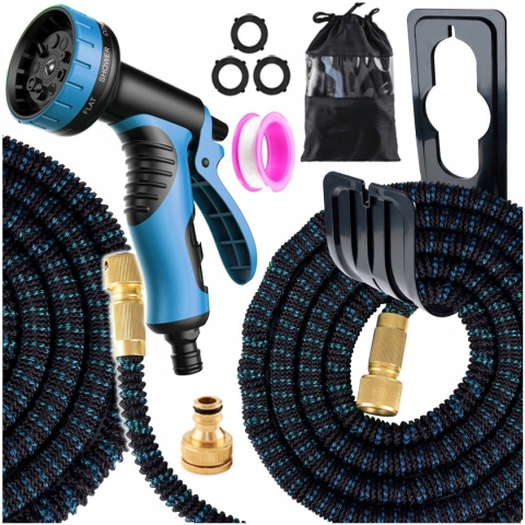 ELASTYCZNY OGRODOWY WĄŻ 45m PREMIUM ROZCIĄGLIWY +ZŁĄCZKI + PISTOLET+WIESZAK