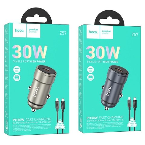 Ładowarka samochodowa Hoco USB C QC3.0 PD 30W + kabel USB C do Lightning Z57 szara