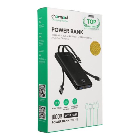 Powerbank Charmast W1148 5V 3A 10000 mAh z wbudowanymi kablami USB A / USB C / Lightning / Micro USB czarny