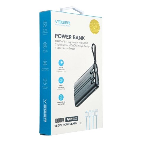 Powerbank Veger C10 (W1116) 10000 mAh z wbudowanymi kablami Micro USB / Typ C / Lightning czarny