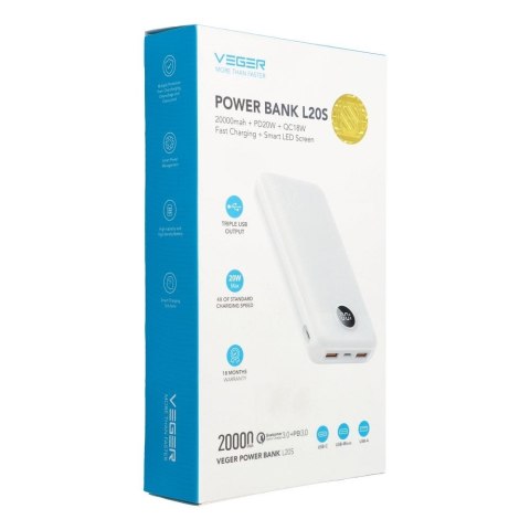 Powerbank Veger L20S (VP2039PD / W2039PD) PD QC3.0 2A 20W 20000 mAh biały