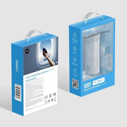 Powerbank Veger PlugOn (W0573) PD QC3.0 2,4A 12W 5000 mAh z wbudowanym złączem USB C srebrny