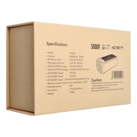 Powerbank Veger Tank Lite (W5001) PD QC3.0 5A 22,5W 50000 mAh czarny